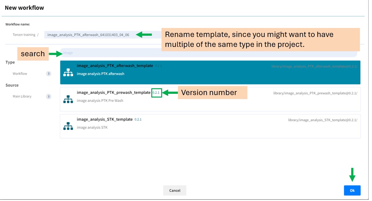 New workflow dialog: selecting image_analysis_PTK_afterwash_template