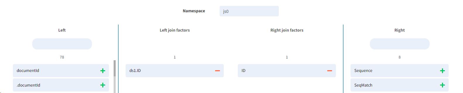 Join step: ds1.ID matched to enrichment ID, namespace js0